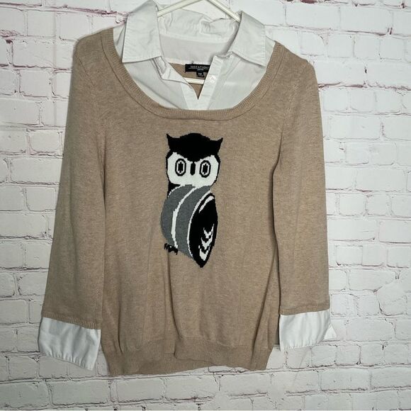 Notations Womens Sweater Faux Collar Cuff Knit‎ Owl Print Top - Picture 1 of 10